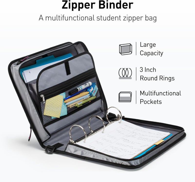 Kinbashi 3-Inch Zipper Binder, 3 Round Rings Binder Handle and Shoulder Strap, Rose - Image 3